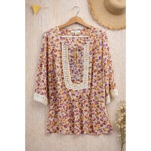 Boho Floral Crochet Peasant Blouse Women’s L Cottagecore Chic Spring Black Rainn